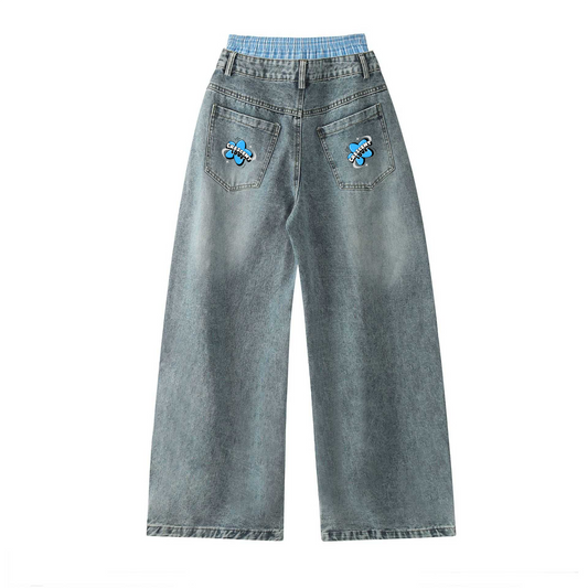 Unisex Double Waist Design Hip-hop Style Wide Leg Jeans