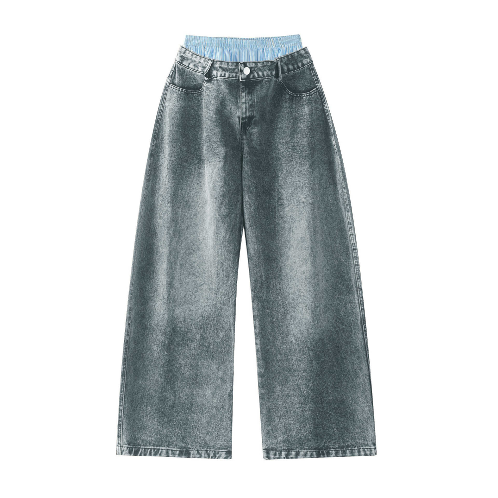Unisex Double Waist Design Hip-hop Style Wide Leg Jeans