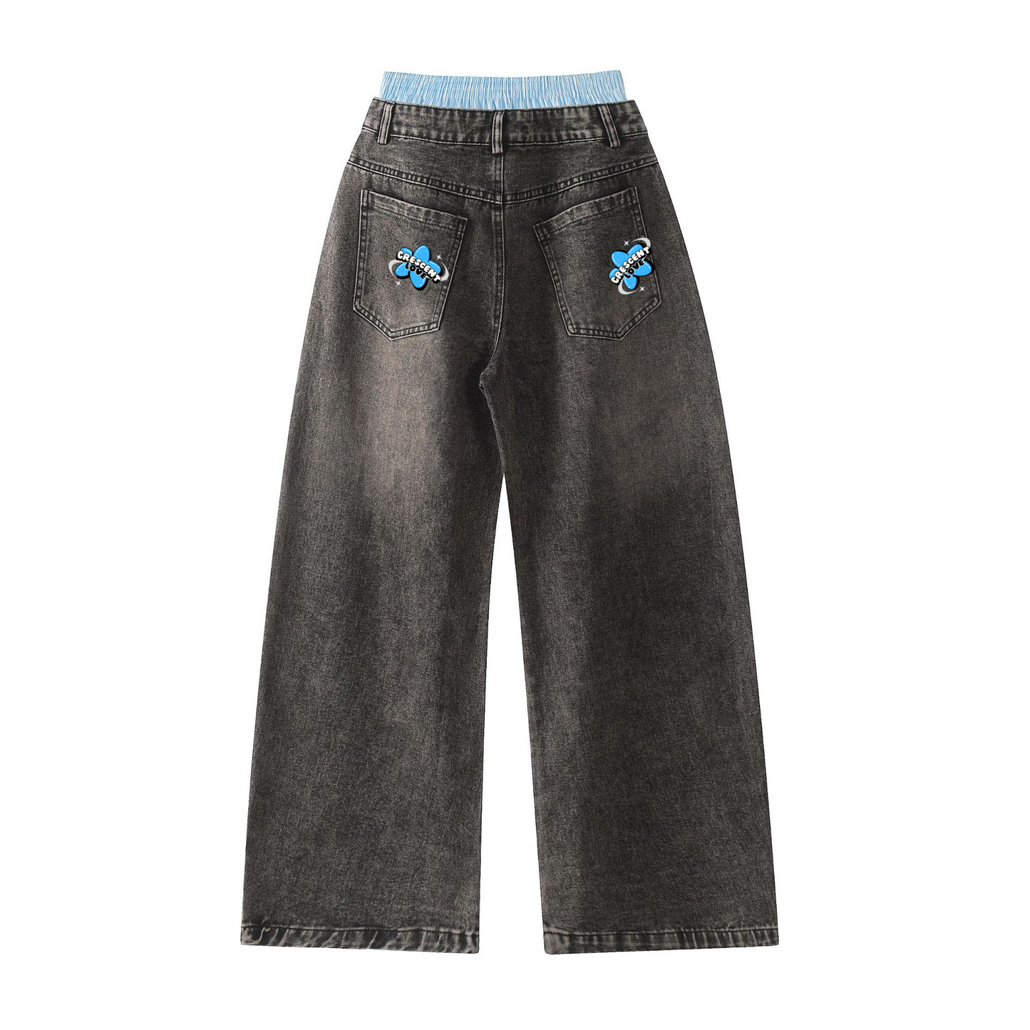Unisex Double Waist Design Hip-hop Style Wide Leg Jeans