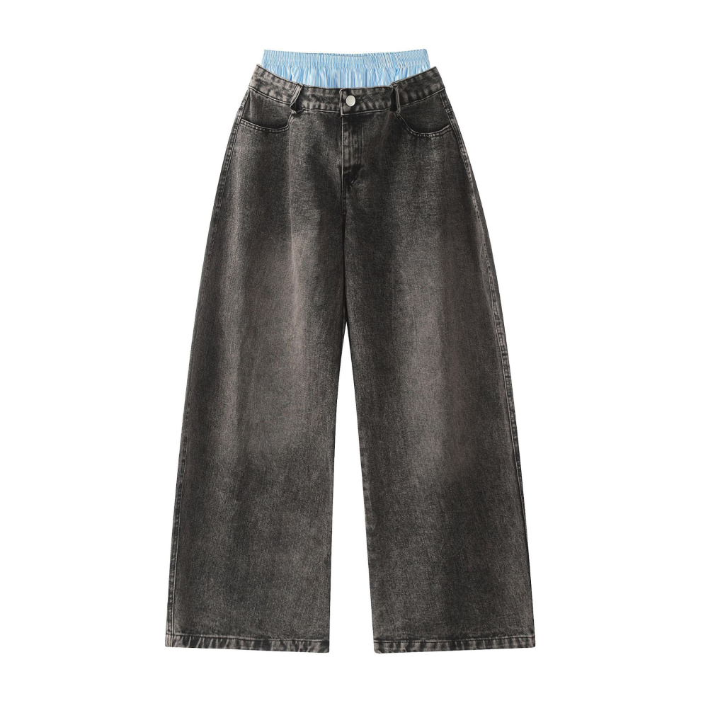 Unisex Double Waist Design Hip-hop Style Wide Leg Jeans