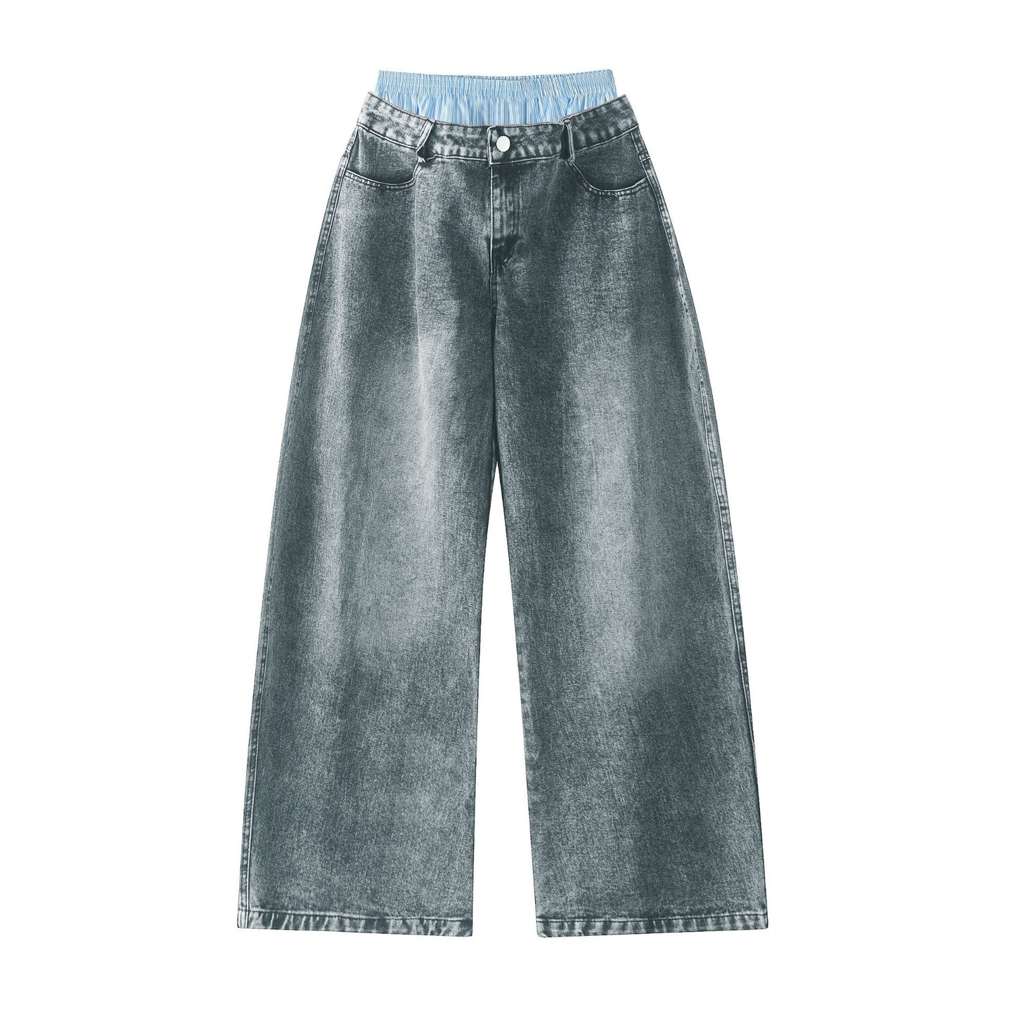 Unisex Double Waist Design Hip-hop Style Wide Leg Jeans