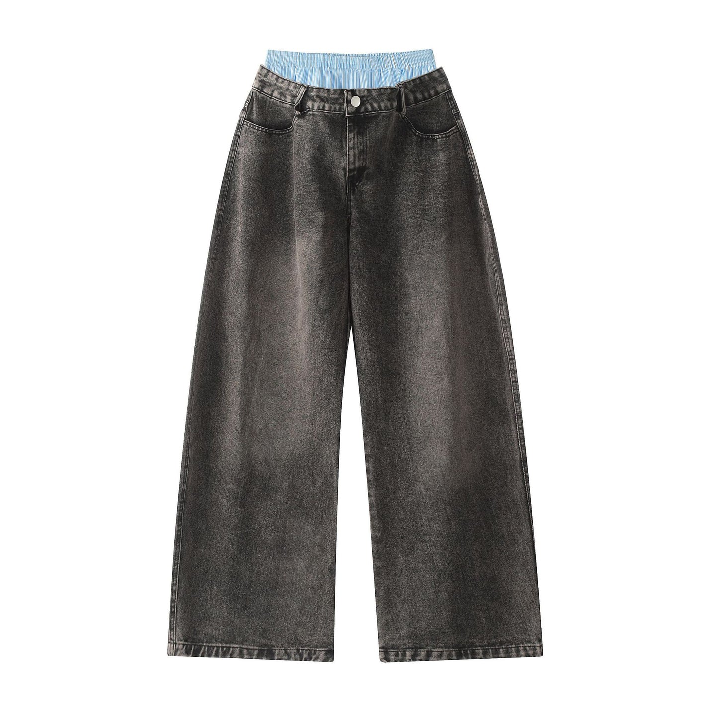 Unisex Double Waist Design Hip-hop Style Wide Leg Jeans