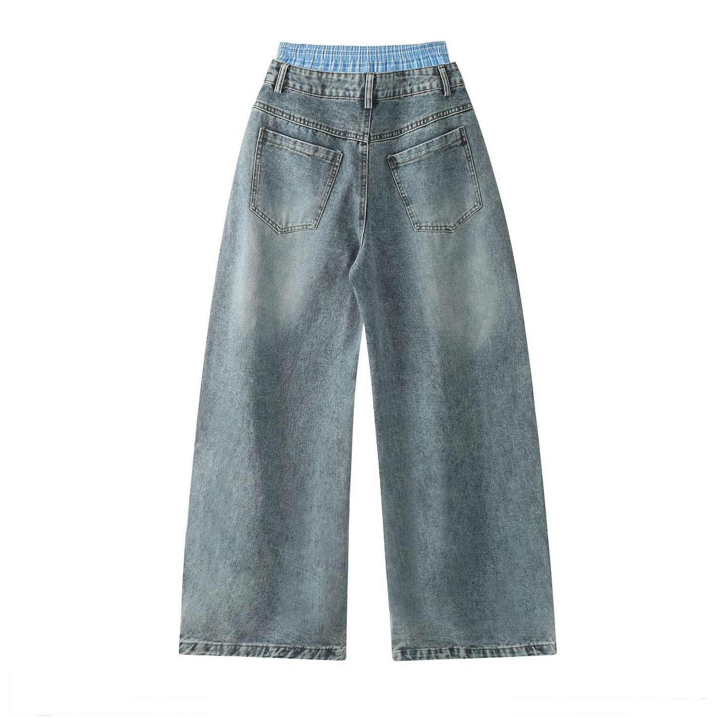 Unisex Double Waist Design Hip-hop Style Wide Leg Jeans